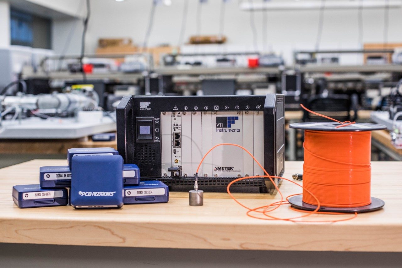The Smart Infrastructure Laboratory uses high-sensitivity accelerometers and data acquisition systems sponsored by PCB Piezotronics and VTI Instruments, respectively.