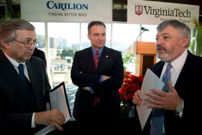 The announcement in 2007 that Virginia Tech and Carilion would partner to create a medical school and research institute. Left to right: Virginia Tech President Charles Steger, Virginia Governor Tim Kaine, and Carilion CEO Ed Murphy.