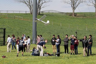 Student flight demonstrations were the highlight of the park's grand opening. Students from an engineering design course, the Virginia Tech drone racing team, and a group with a paired ground and aerial vehicle all showed off their skills at the event. 