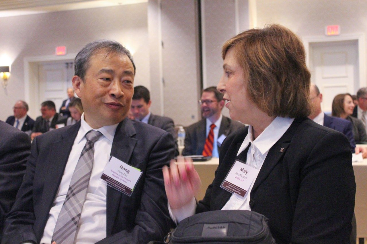 Professor Mary Marchant speaks to Zhu Hong, minister for economic and commercial affairs at the Chinese embassy in Washington, D.C.