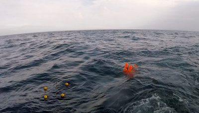 An ocean drifter and orange rescue training dummy are released simultaneously into the Atlantic Ocean from a vessel off the Massachusetts coast. The relative movement of the dummy from the drifter tells researchers how much wind influences the motion of persons in the water, which can help improve search-and-rescue operations. Photo courtesy of Shane Ross. 