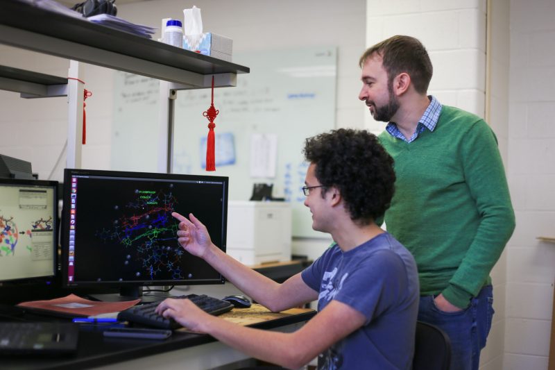 Master’s student Brian Ratnasinghe points at a computer with red, green, and blue biomolecules. Dr. Justin Lemkul looks over his shoulder.