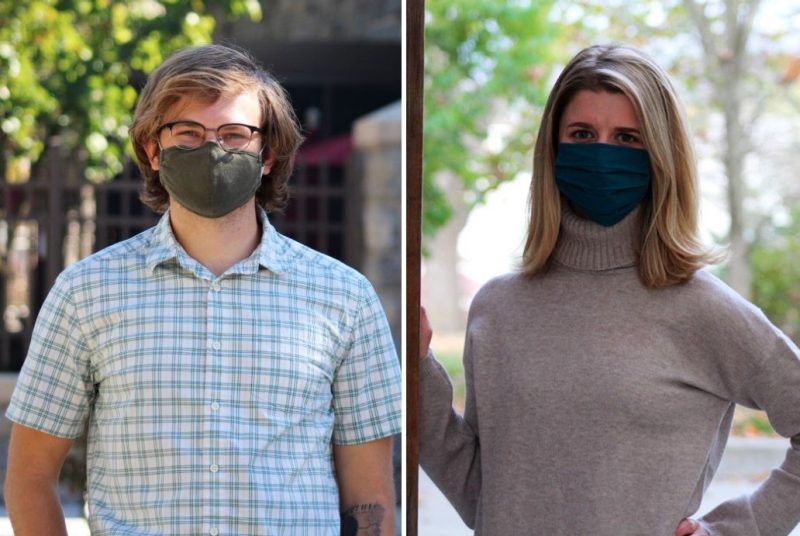 Side-by-side images of a young man and a young woman wearing face coverings.