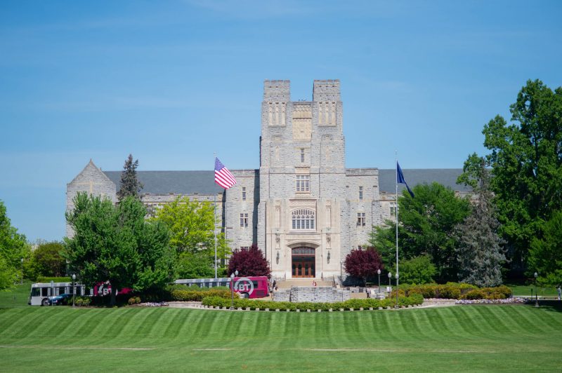 Burruss Hall is seen from the Drillfield