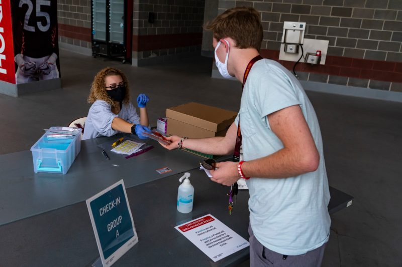 Virginia Tech students who are living on campus are required to be tested for COVID-19 at Lane Stadium during move-in. Photo by Lee Friesland for Virginia Tech.