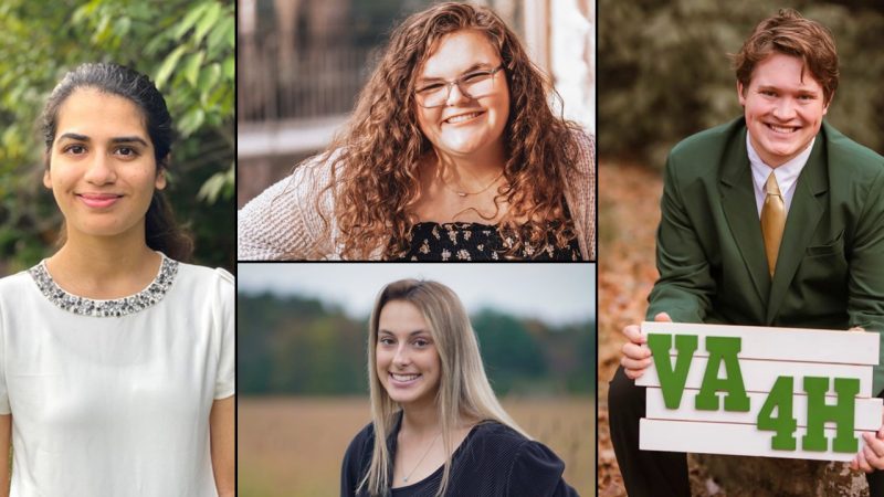 Virginia 4-H honored four members with the Youth in Action awards. Left: Perisa Ashar. Top-Center: Becca Berglie. Bottom-Center: Samantha Whysong. Right: Andrew “Charlie” Sloop.
