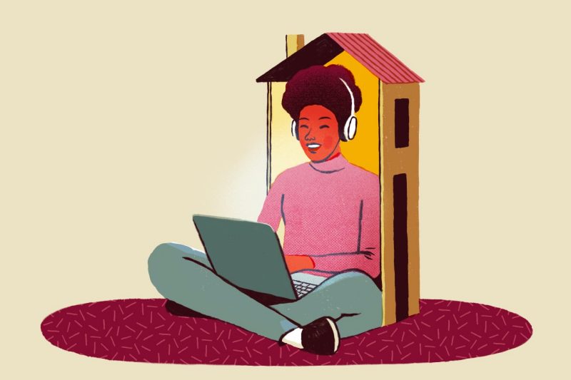Illustration of a student sitting inside a house the size of a dollhouse, working on her laptop