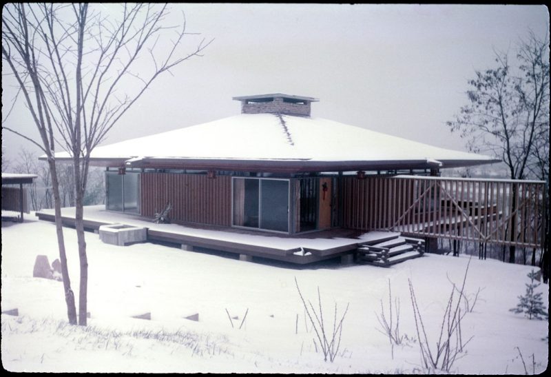  Currie House (Pagoda House), built 1961, is seen surrounded by snow. 