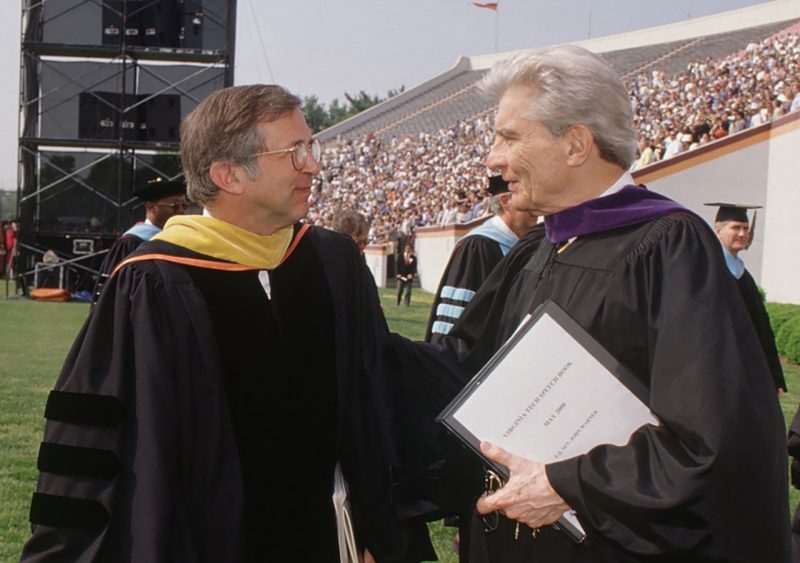 Former U.S. Senator John W. Warner gave Virginia Tech’s Spring Commencement address in 2000 and is pictured at right next to former university President Charles W. Steger.