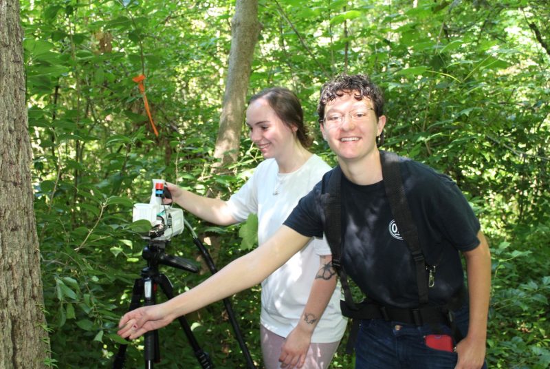 Two students operate a small machine that is connected to tree leaves in a forest.