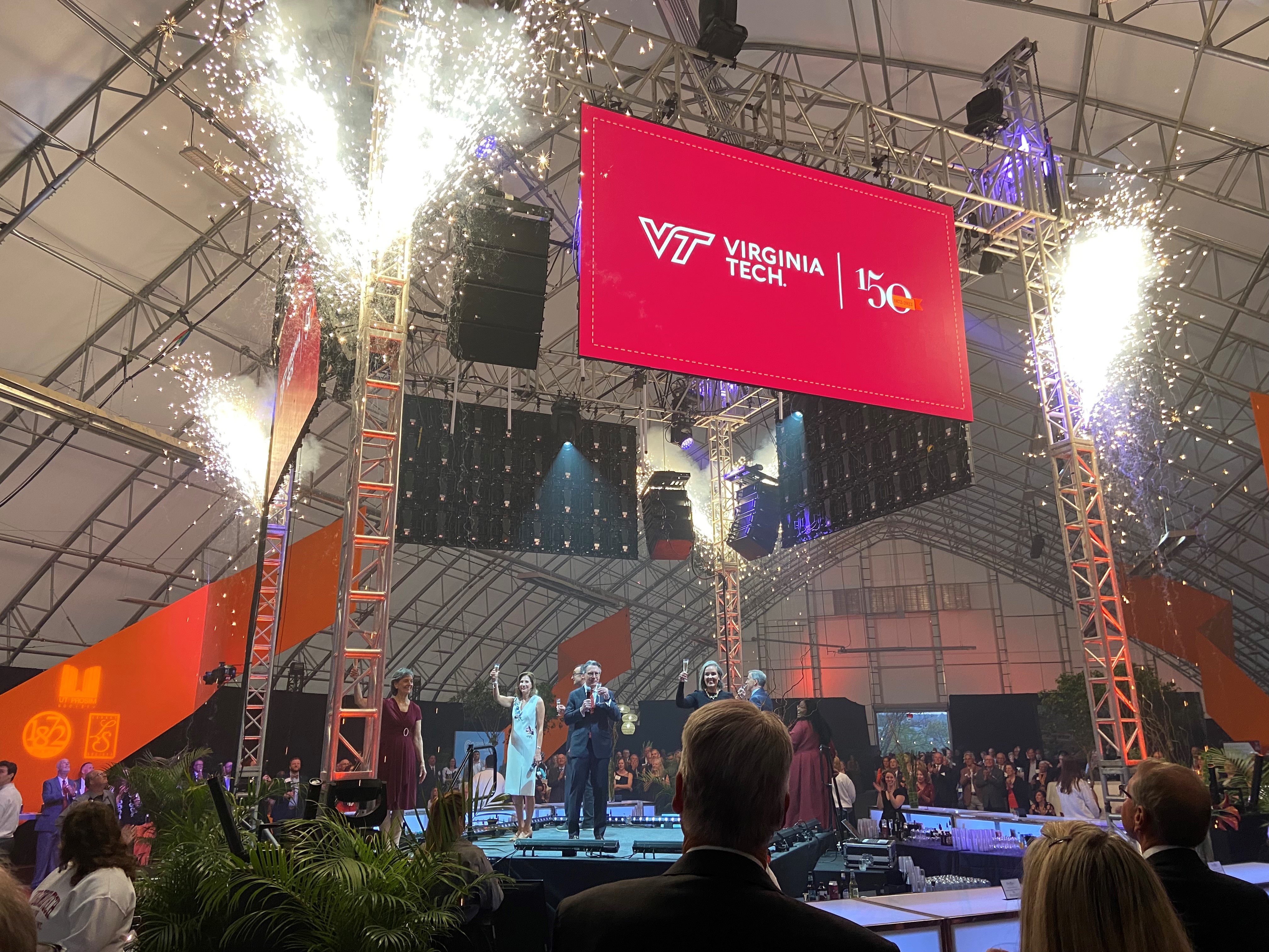 Virginia Tech leaders at an April 30 celebration of the university's 150th anniversary year, at which the new Boundless Impact fundraising campaign goal of $1.872 billion was announced. 