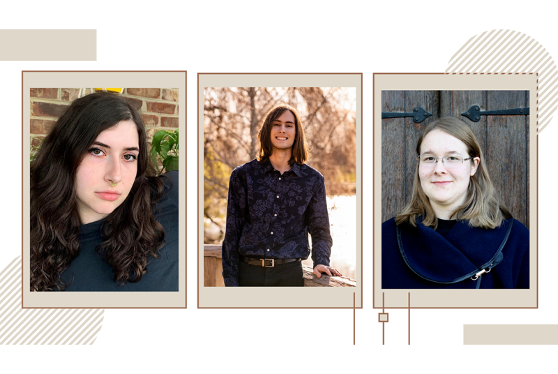 Pictured: Students Caroline Flynn, William Rhodes, and Brianna Magill, all wearing dark shirts  and posing outdoors for their photos.