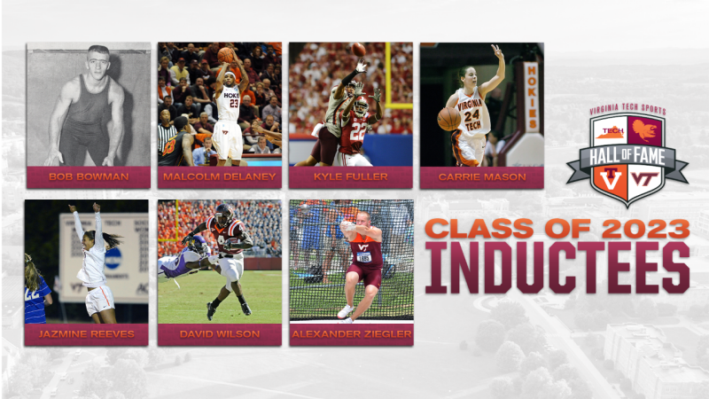 Seven athletes in action who are to be inducted into the the Virginia Tech Sports Hall of Fame for 2023. 