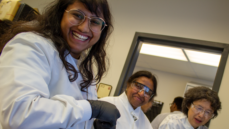 Serena Joseph (at left), graduate student at University of Texas Austin; Sailaja Arungundram, assistant professor at Saint Martin's University; and Tzu-Lan Chang, postdoctoral associate from Howard University participate in a lab workshop at the 2023 GlycoMIP summer school at Virginia Tech. Photo by Felicia Spencer for Virginia Tech.
