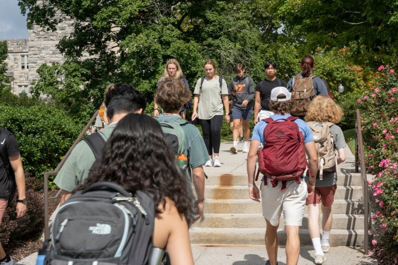 A large group of students walk up and down a set of steps on the Blacksburg campus.