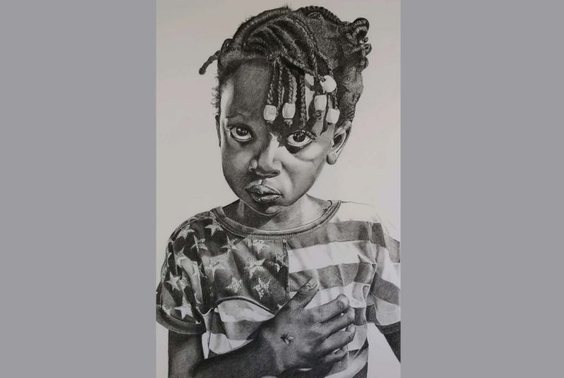 portrait of a young black child  with braids and a ragged t-shirt resembling an American flag