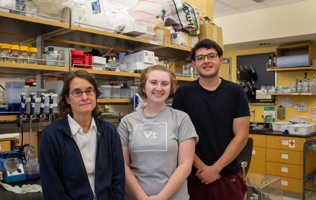 (From left) Birgit Scharf, professor in the Department of Biological Sciences, mentored two undergraduate students, Idella Collett and Tony Samson. Photo by Felicia Spencer for Virginia Tech.