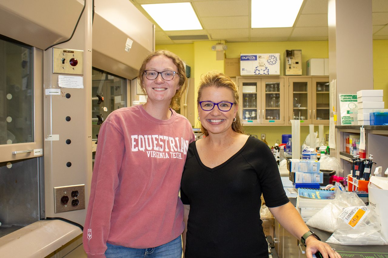 (From left) Sarah Newman was mentored by Michelle Rhoads, associate professor in the Department of Animal and Poultry Sciences. Photo by Felicia Spencer for Virginia Tech.