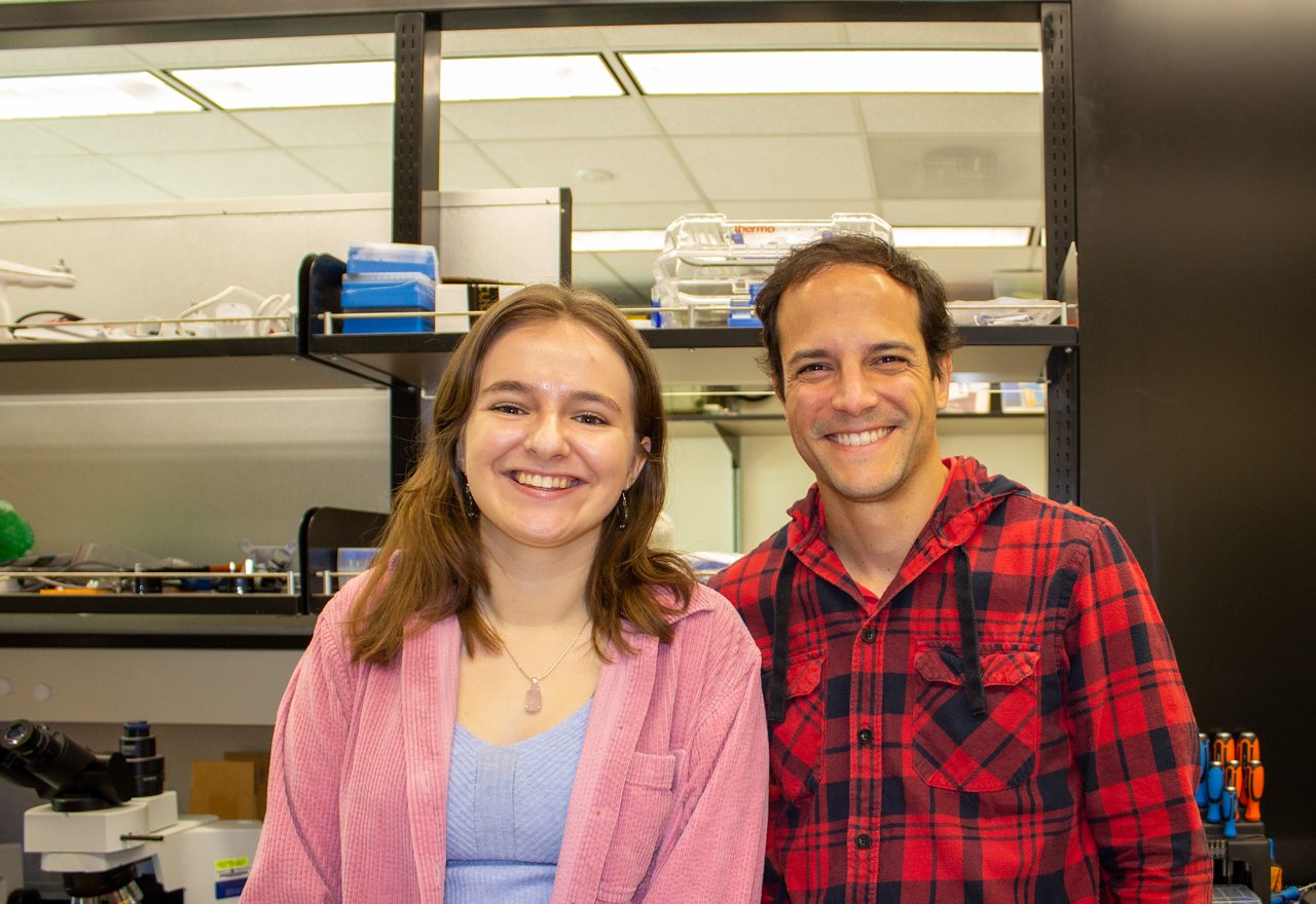 Zoe Hessian (at left) was mentored by Francesco Ferretti (not pictured), assistant professor in the Department of Fish and Wildlife Conservation, and Felipe de Moraes Carvalho (at right) a postoctoral associate. Photo by Felicia Spencer for Virginia Tech. 