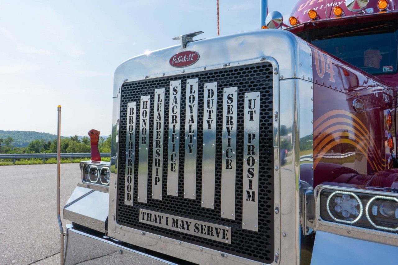 The eight pylons complete the front grille of the 1995 VTTI Peterbilt truck. Photo by Jacob Levin for Virginia Tech.