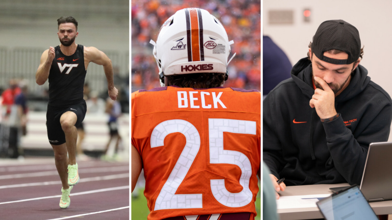 Cole Beck shown running track (left) in #25 orange jersey (middle) and studying in class (right).