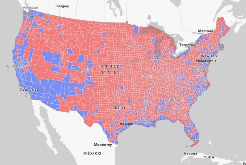A map of the U.S. with counties marked in pink or blue. 
