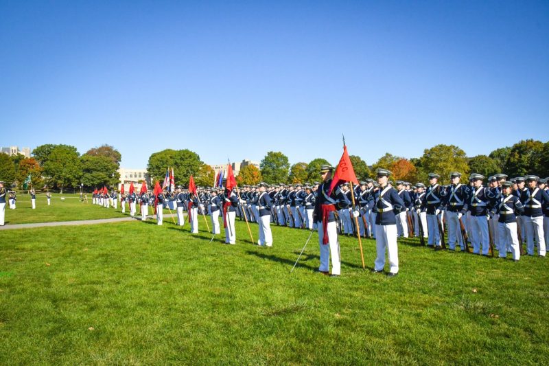 The cadet regiment in full dress uniform stands on the Drillfield during the Homecoming Pass in Review in October.  