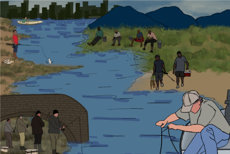 An illustration of people fishing in various locations along a stream, with a city in the background.