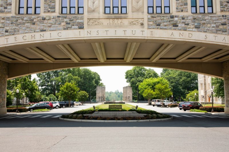 A view of Torgersen Bridge and the War Memorial Pylons on Virginia Tech's Blacksburg campus.