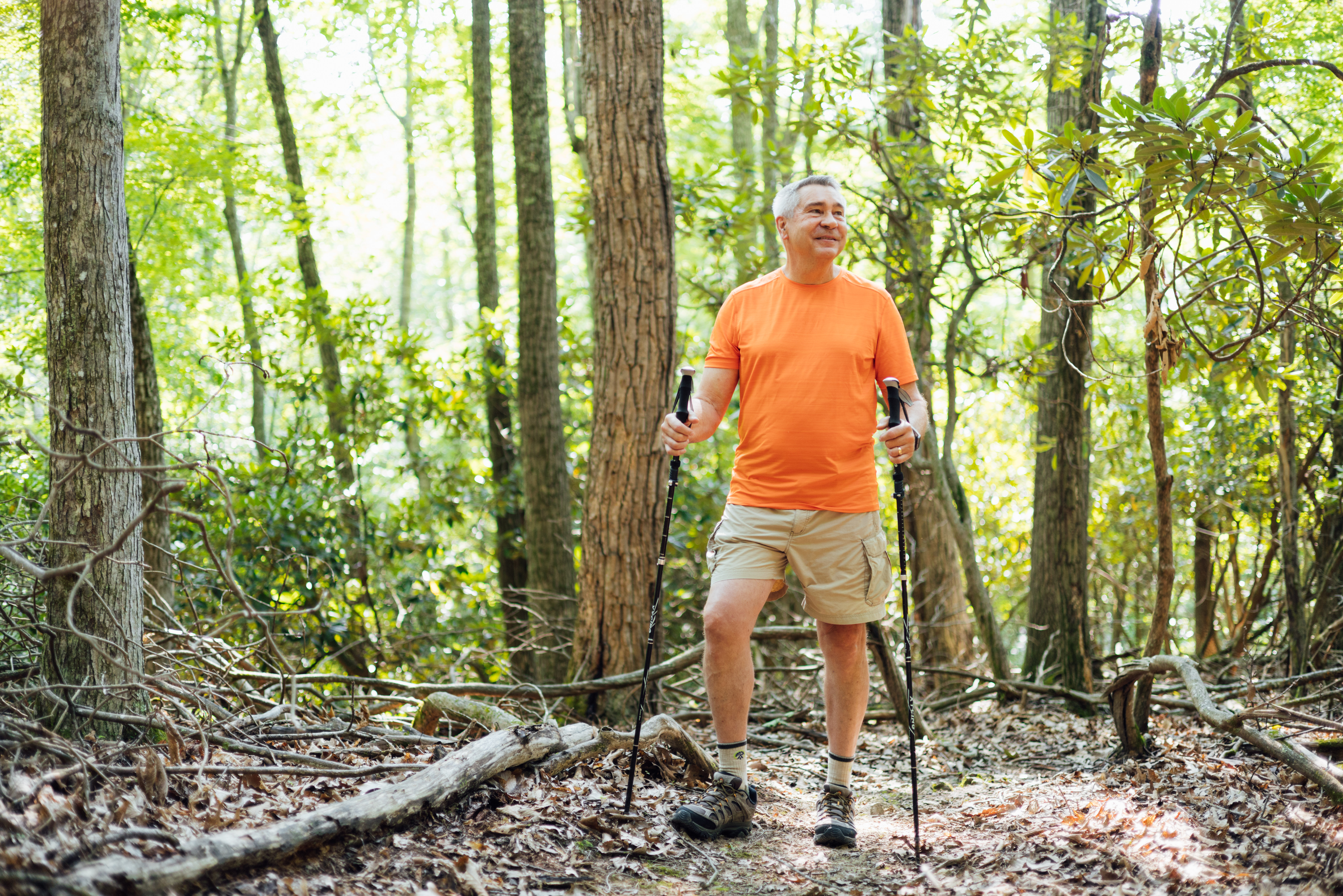 The image shows Don Taylor enjoying a hike in a lush, green forest. He is standing on a woodland trail surrounded by tall trees and dense foliage with a thicket of rhododendrons behind him. Don is dressed in an orange T-shirt and beige shorts, with hiking boots and socks. He is holding a pair of trekking poles and has a contented smile on his face as he looks off into the distance. The sunlight filters through the trees, casting a warm glow over the scene.