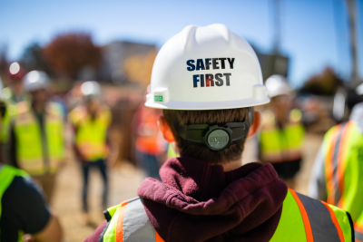 Virginia Tech student tour a campus jobsite wearing personal protective equipment. Photo by Peter Means for Virginia Tech.