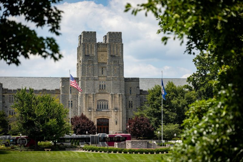 Burruss Hall in the summer, viewed from the Drillfield.