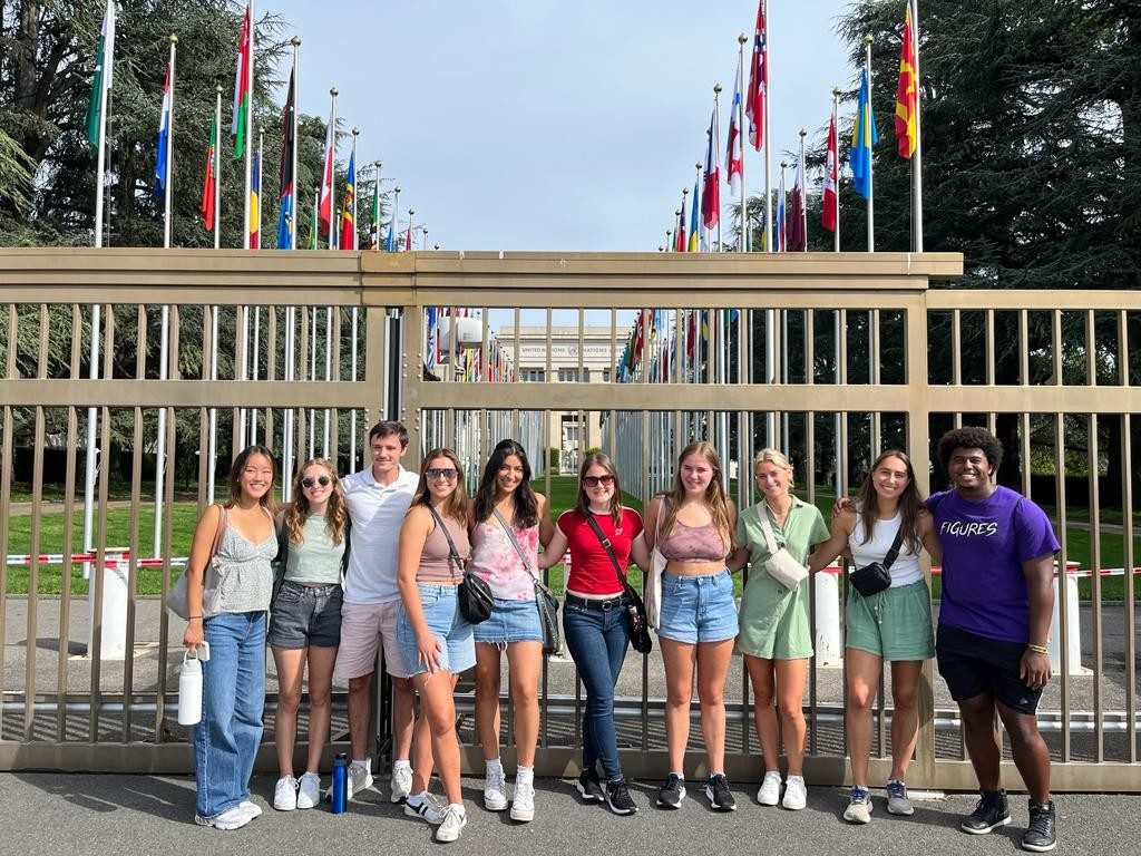 A group of students outside the United Nations in Geneva, Switzerland.