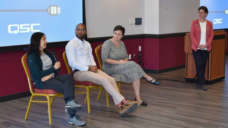 Professor Linsey Marr shares thoughts on mentorship during a panel discussion with Associate Professor Jonathan Auguste and Professor Megan Dolbin-MacNab as Graduate School Dean Aimee Surprenant listens at the Graduate School's Mentoring Workshop. Photo by Julia Hazelwood.