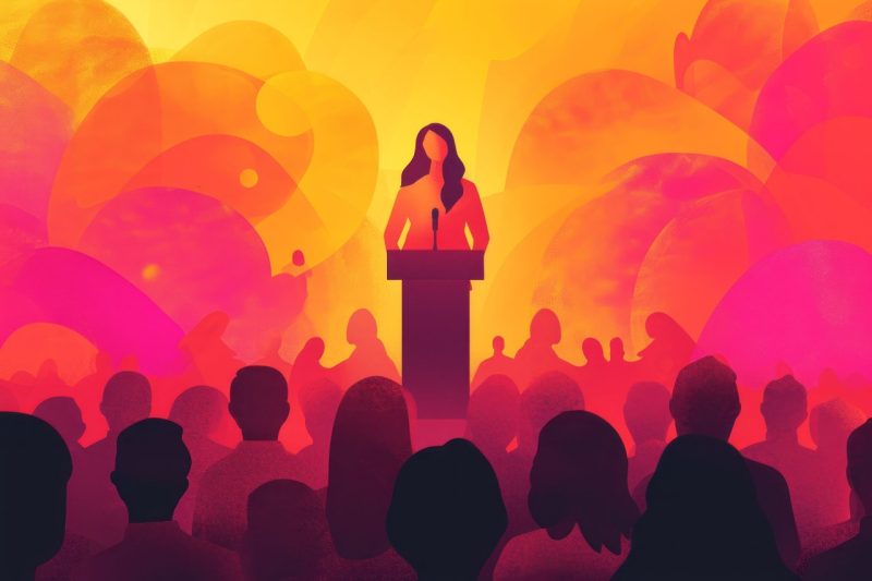 A red and yellow illustration of a woman standing in front of a podium and addressing a crowd.
