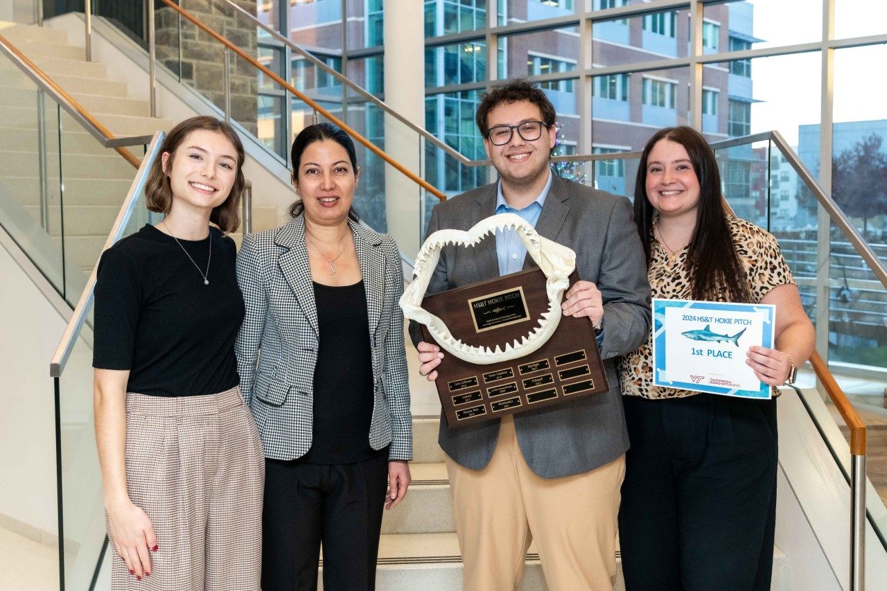 Luna Care, which took first place, addresses the critical challenge of postpartum hemorrhage, the leading cause of maternal mortality. Team members include (from left) Macy Parmelee, Nasrin Elahimehr, Walter Dickey, and Kari Kochran. Not pictured are mentors Erik McNair and Alec Beck. Photo by Clayton Metz for Virginia Tech.