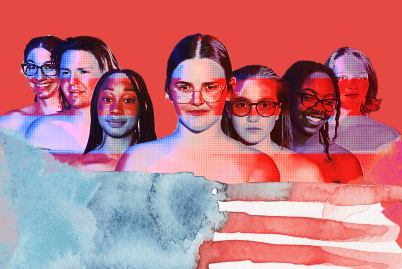 Seven women stand together with a watercolor American flag in front of them