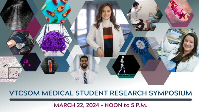 A colorful collage of  various research graphics and photos of medical students wearing white lab coats.