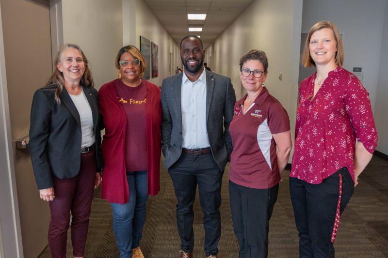 D.C. area Graduate School leadership welcome students at the August Orientation. Associate Dean Dr. Barbara Hoopes (far left), Director of Student Services Bryan Mitchell (center), and Director of Administration Ginny Wagg (far right), are joined by Dean Aimee Surprenant (right of center) and Graduate Admissions and Academic Progress Advisor Torri Brown (left of center).