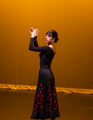 Female dancer in black and red dresses dances Flamanco on stage
