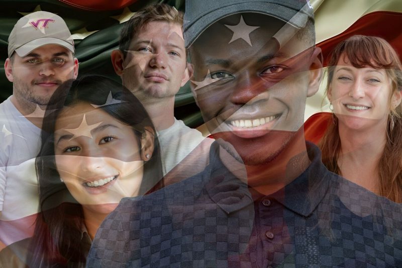 Five students who have either served in the military or are currently active duty with the American flag superimposed