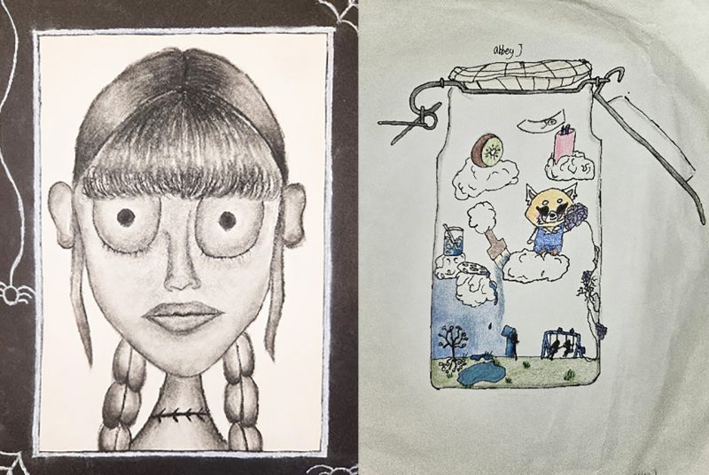 Sample student artwork on view at the Moss Arts Center as part of "Young Artists: Layers of Me," featuring Shawsville Middle School art students. One piece is a drawing of a girl with big, wide eyes, bands, and braids, and the other is a drawing of a jar filled with various doodles, including a swingset at a park, and a cat on a cloud.