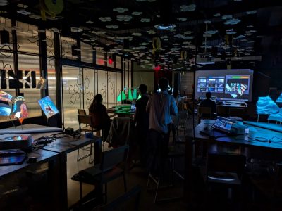 Participants experiment with digital projection techniques in the Expressions Lab at Amazon HQ2. Photo by David Franusich for Virginia Tech.
