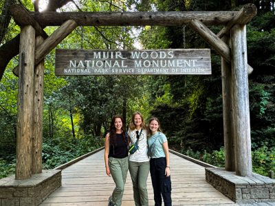 Researchers (from left) Mary Grace Larson, Cami Miller, and Jess Henry at Muir Woods National Monument  Photo courtesy of Mary Grace Larson