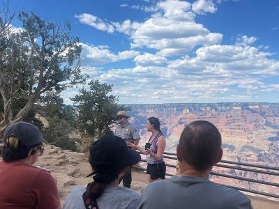 Mary Grace Larson talking to visitors at the South Rim of Grand Canyon National Park. Photo courtesy of Mary Grace Larson