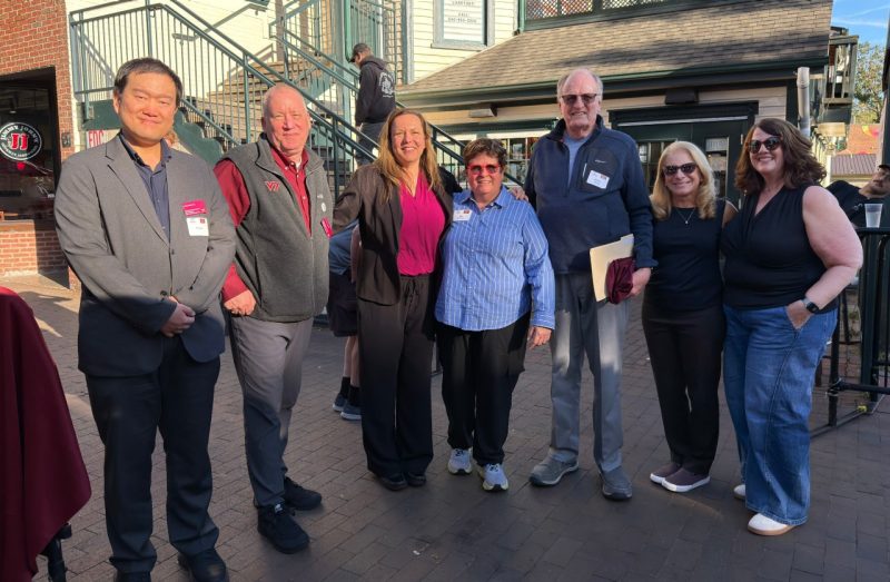 A celebration was held to mark 50 years of geography as an academic department at Virginia Tech. (from left): Assistant professor Junghwan Kim, Department Chair Tom Crawford, College of Natural Resources and Environment Dean Saskia van de Gevel, Associate Professor Lisa Kennedy, Inaugural Department Head Charles Good, Past Rector of the Virginia Tech Board of Visitors Leticis Long, and Patty Mims, M.S. '94.
