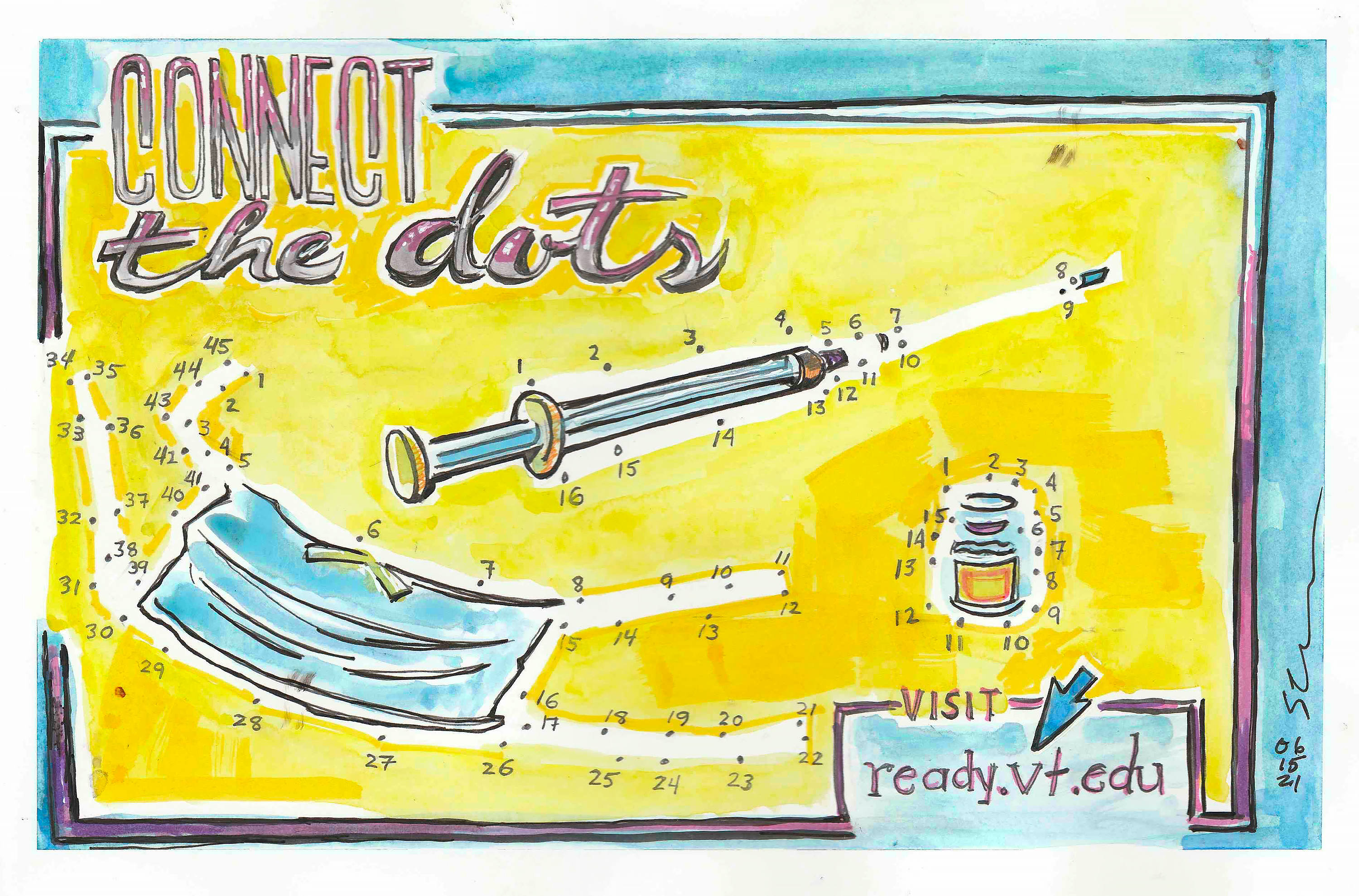 Connect the dots illlustration in ink and watercolor of vaccination items