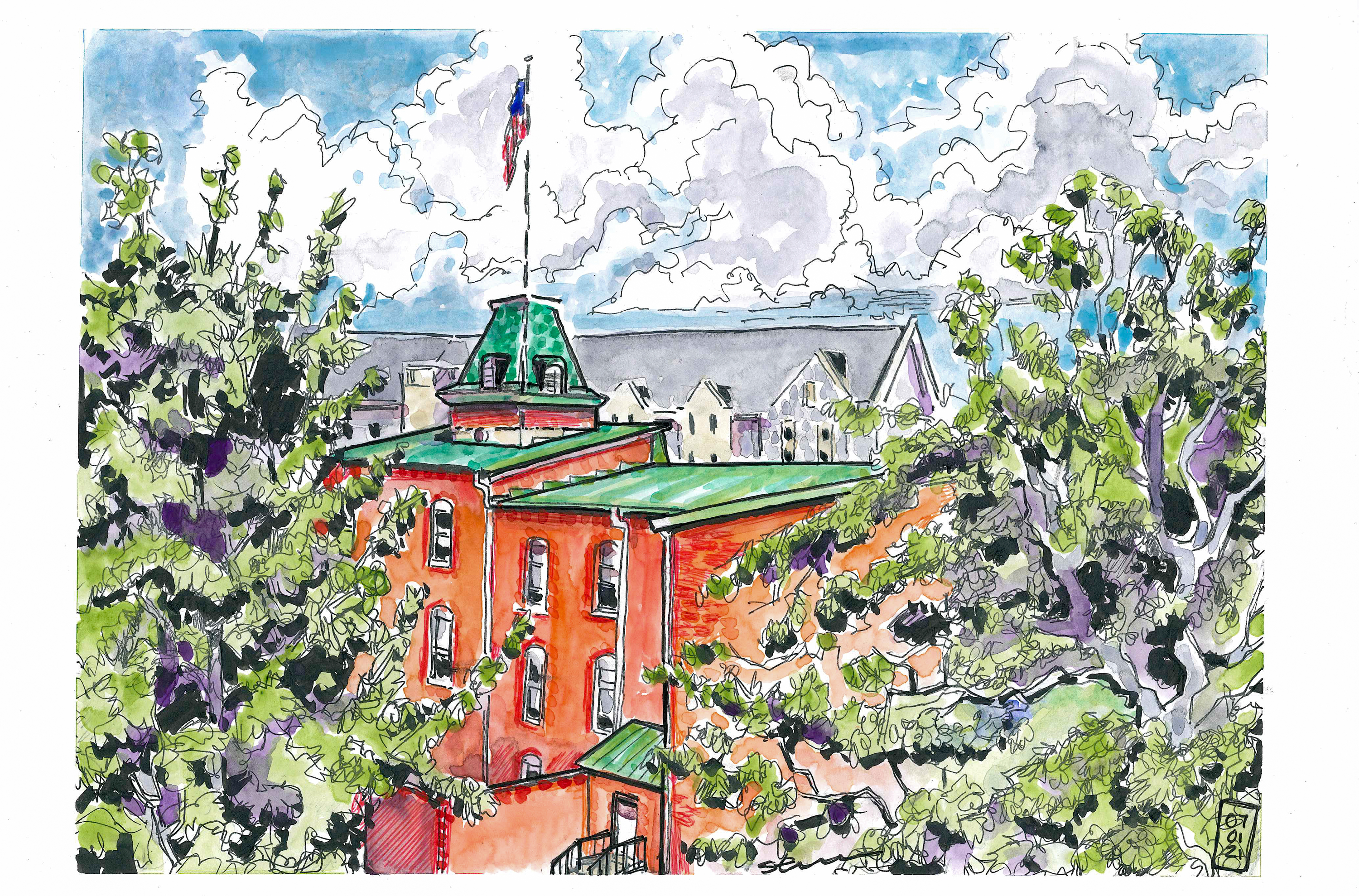 Ketch in ink and watercolor of the roofline of Lane Hall from Major Williams Hall