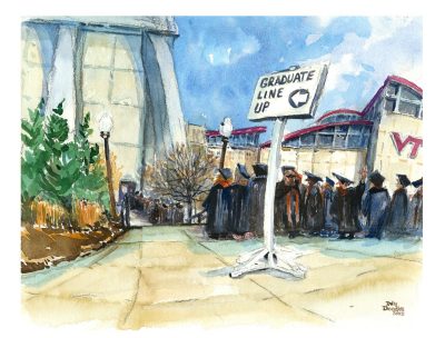 Watercolor sketch of the graduate line up for 2024 Fall Commencement