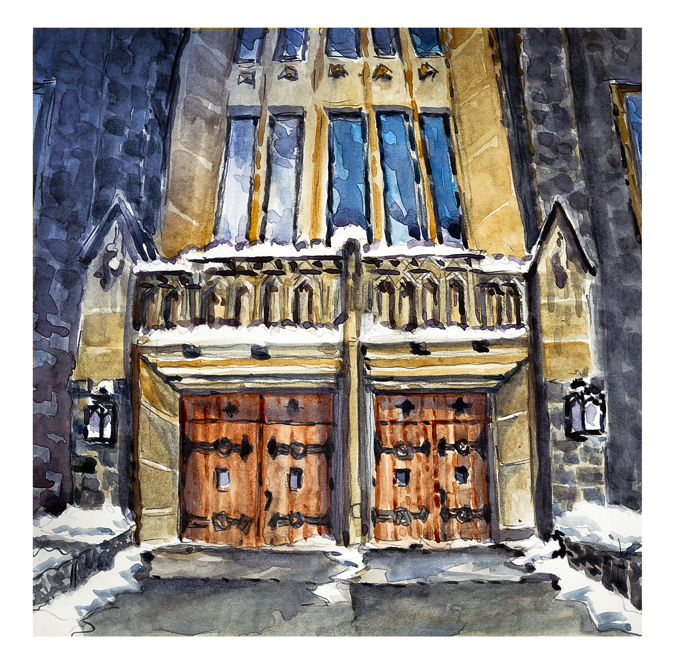 Watercolor sketch of the University Alumni Mall entrance to the Newman Library with snow clinging to some architectural features